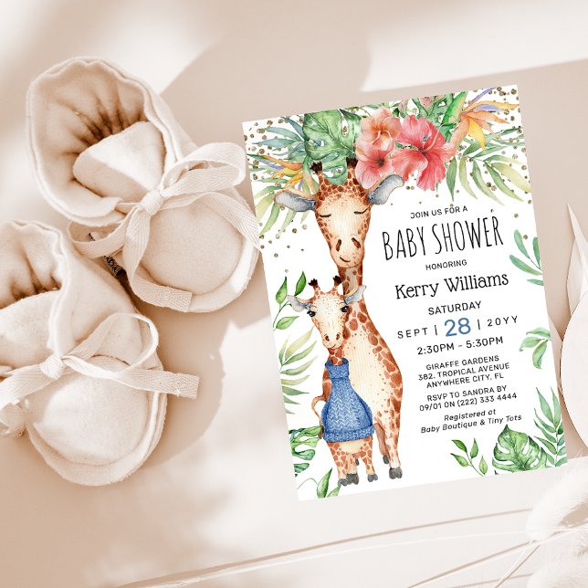 Cute Giraffe & Tropical Greenery Boy Baby Shower Invitation (Creator Uploaded)