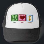 Cute Giraffe Trucker Hat<br><div class="desc">Peace Love Giraffes gift. Pretty green peace sign,  red heart,  and cartoon giraffe.</div>