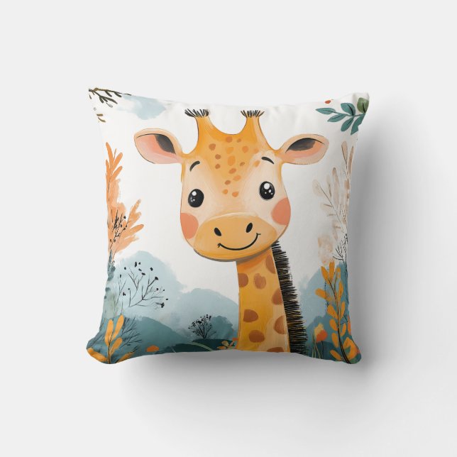 Cute Giraffe Watercolor Kids Illustration Nursery  Cushion (Front)