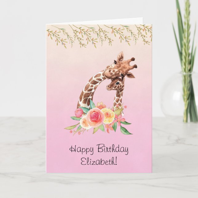 Cute Giraffe Watercolor Mom & Baby Birthday Card (Front)