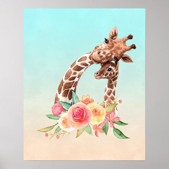 Cute Giraffe Watercolor Mom & Baby Poster (Front)