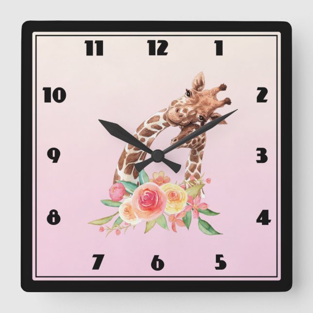 Cute Giraffe Watercolor Mom & Baby Square Wall Clock (Front)
