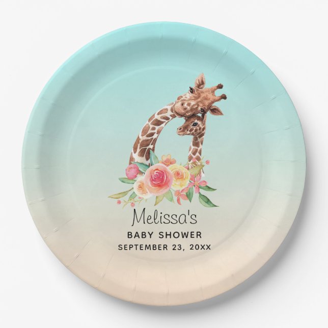 Cute Giraffe Watercolor Mum & Baby Baby Shower Paper Plate (Front)