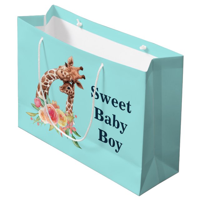 Cute Giraffe Watercolor Mum & Baby Boy Large Gift Bag (Front Angled)