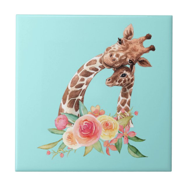 Cute Giraffe Watercolor Mum & Baby Ceramic Tile (Front)