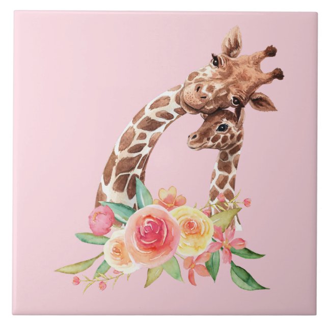 Cute Giraffe Watercolor Mum & Baby Ceramic Tile (Front)
