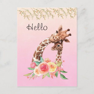 Cute Giraffe Watercolor Mum & Baby Hello Postcard