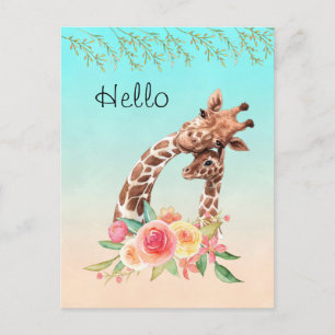 Cute Giraffe Watercolor Mum & Baby Hello Postcard