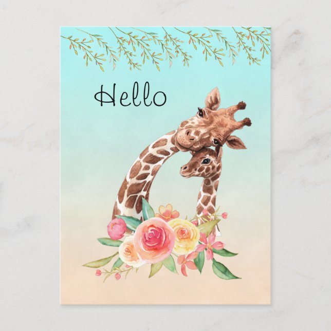 Cute Giraffe Watercolor Mum & Baby Hello Postcard (Front)