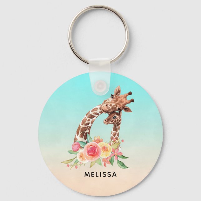 Cute Giraffe Watercolor Mum & Baby Key Ring (Front)