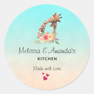 Cute Giraffe Watercolor Mum & Baby Kitchen Classic Round Sticker