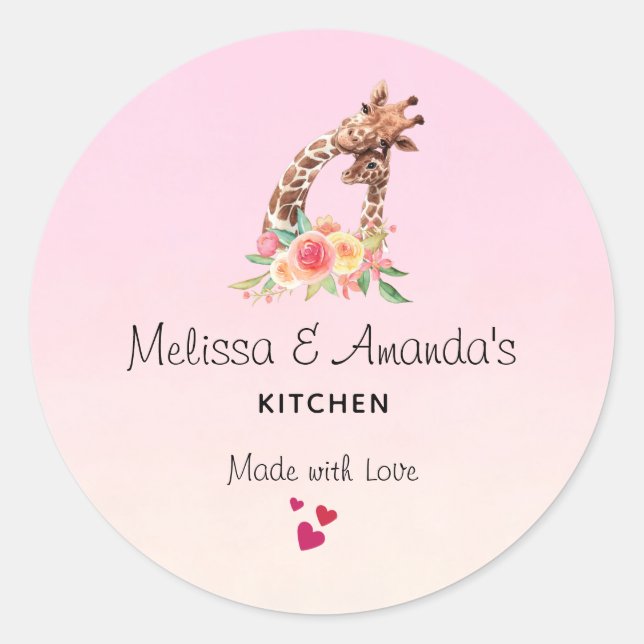 Cute Giraffe Watercolor Mum & Baby Kitchen Classic Round Sticker (Front)