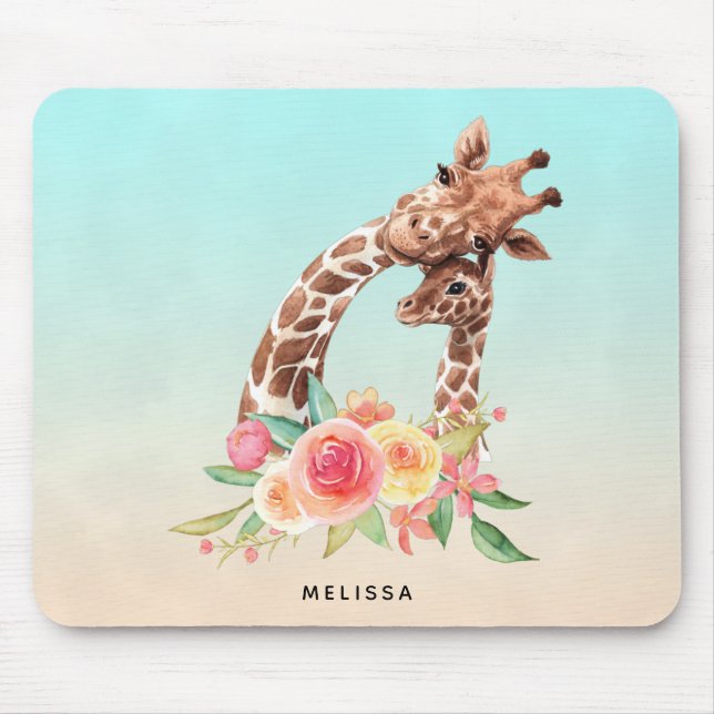Cute Giraffe Watercolor Mum & Baby Mouse Pad (Front)