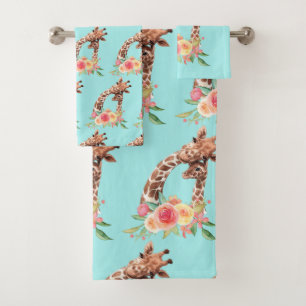 Cute Giraffe Watercolor Mum & Baby Pattern Bath Towel Set
