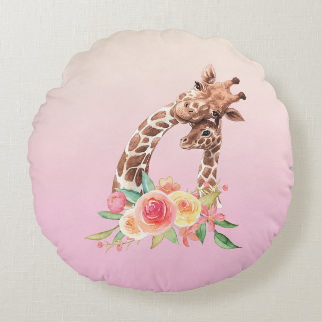 Cute Giraffe Watercolor Mum & Baby Round Cushion (Front)