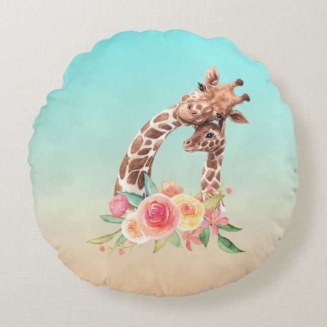 Cute Giraffe Watercolor Mum & Baby Round Cushion (Front)