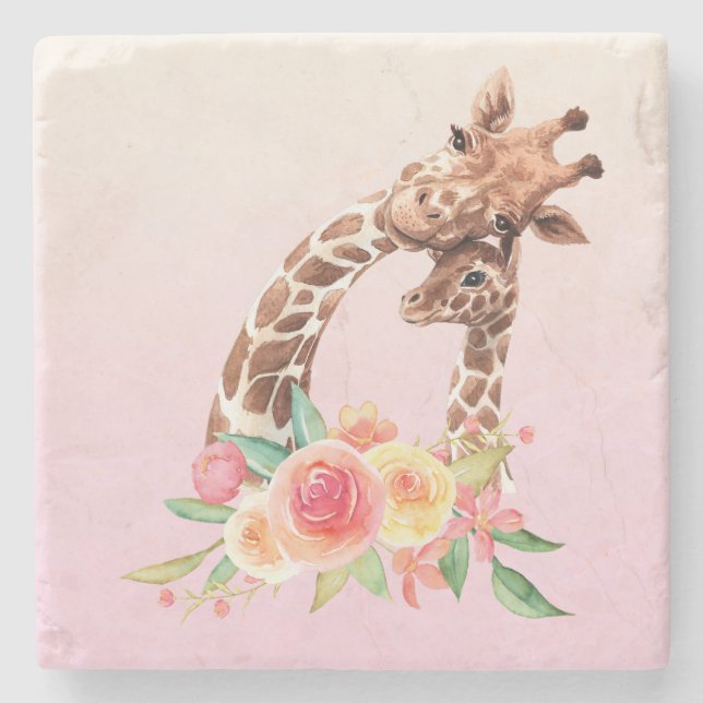 Cute Giraffe Watercolor Mum & Baby Stone Coaster (Front)