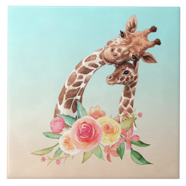 Cute Giraffe Watercolor Mum & Baby Tile (Front)