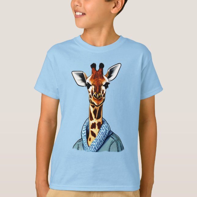 Cute Giraffe Wearing a Denim Jacket Kid's Tee  (Front)