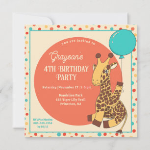 Cute Giraffe with a Blue Balloon Kids Birthday Invitation