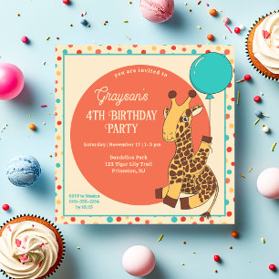 Cute Giraffe with a Blue Balloon Kids Birthday Invitation