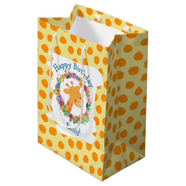 Cute Giraffe with a Floral Wreath Custom Birthday Medium Gift Bag (Front Angled)