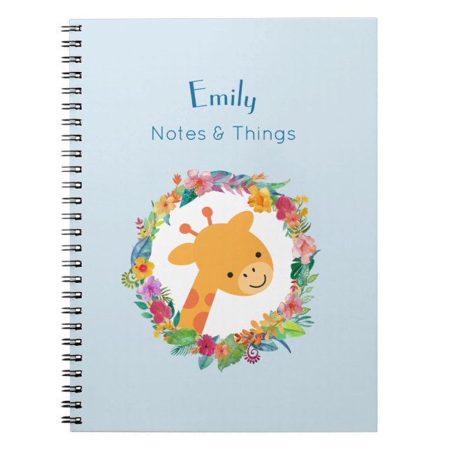 Cute Giraffe with a Floral Wreath Personalised Spiral Notebook (Front)