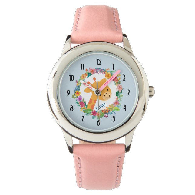 Cute Giraffe with a Watercolor Floral Wreath Watch (Front)