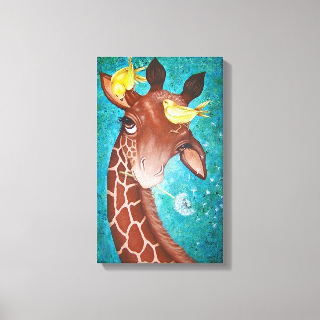 Cute Giraffe with Birds Painting Canvas Print (Front)