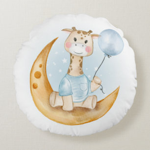 CUTE GIRAFFE WITH BLUE BALLOON ON MOON ROUND CUSHION