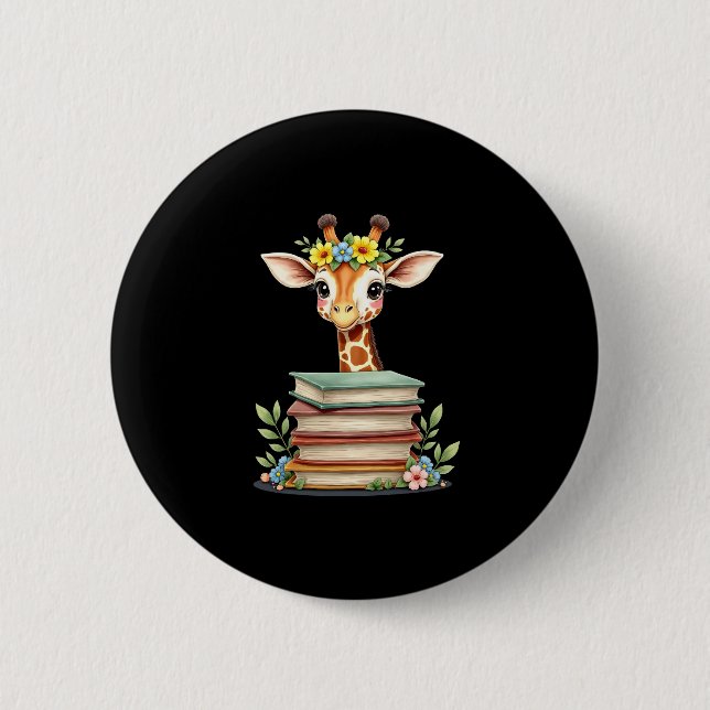 Cute Giraffe With Book Floral Bookworm Librarian B 6 Cm Round Badge (Front)