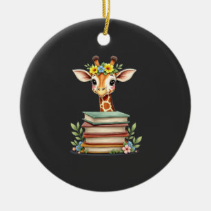 Cute Giraffe With Book Floral Bookworm Librarian B Ceramic Tree Decoration