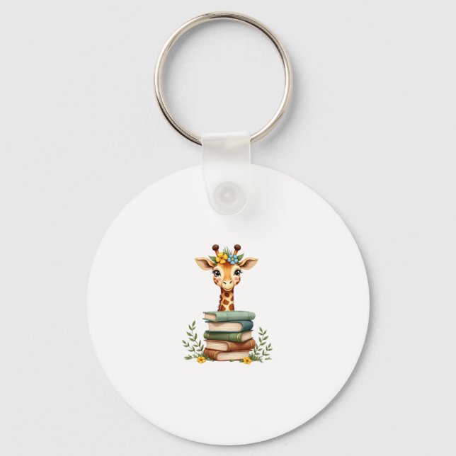 Cute Giraffe With Book Floral Bookworm Librarian B Key Ring (Front)