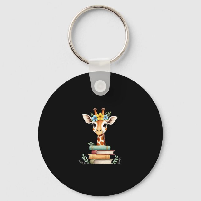 Cute Giraffe With Book Floral Bookworm Librarian B Key Ring (Front)
