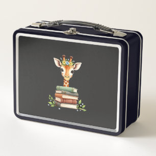 Cute Giraffe With Book Floral Bookworm Librarian B Metal Lunch Box