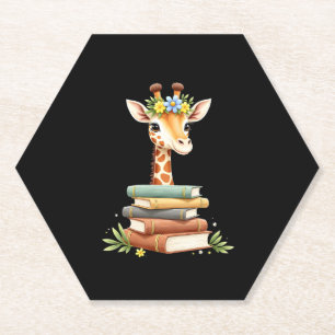 Cute Giraffe With Book Floral Bookworm Librarian B Paper Coaster