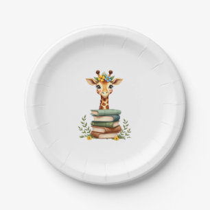 Cute Giraffe With Book Floral Bookworm Librarian B Paper Plate