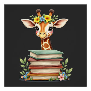 Cute Giraffe With Book Floral Bookworm Librarian B Poster