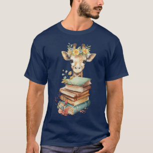 Cute Giraffe With Book Floral Bookworm Librarian B T-Shirt