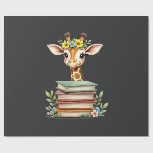 Cute Giraffe With Book Floral Bookworm Librarian B Wrapping Paper