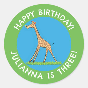 Cute giraffe with butterfly cartoon birthday classic round sticker