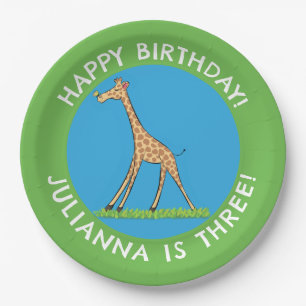 Cute giraffe with butterfly cartoon birthday paper plate