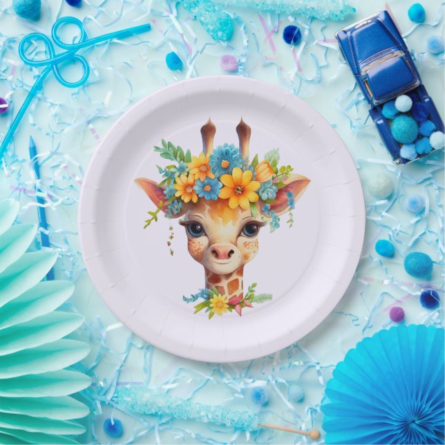 Cute Giraffe with Floral Crown Paper Plate (Party)