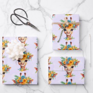 Cute Giraffe with Floral Crown Patterned Wrapping Paper Sheet