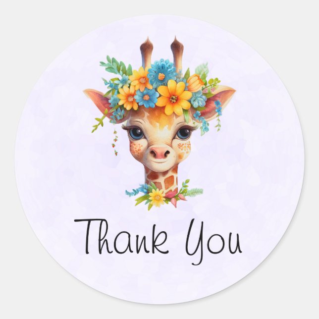 Cute Giraffe with Floral Crown Thank You Classic Round Sticker (Front)