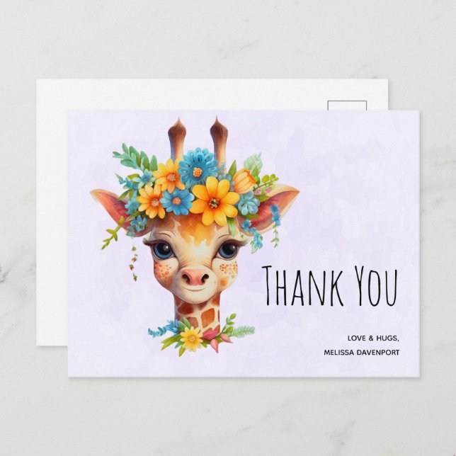Cute Giraffe with Floral Crown Thank You Postcard (Front/Back)