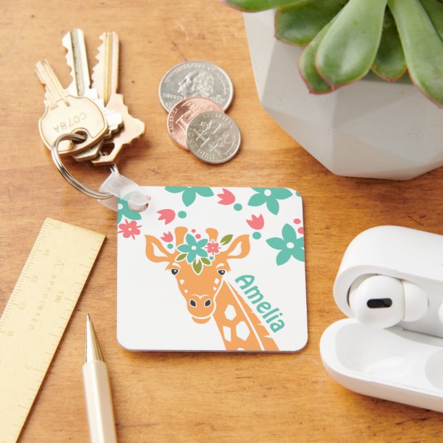 Cute Giraffe with Flower Crown Personalised Key Ring (Desk)