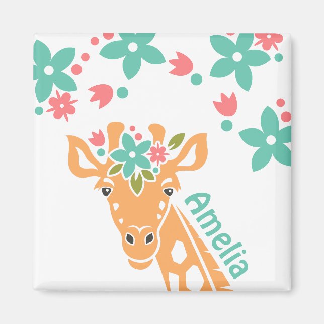 Cute Giraffe with Flower Crown Personalised Magnet (Front)