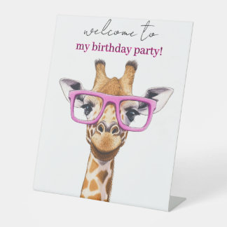 Cute Giraffe with Pink Glasses Pedestal Sign