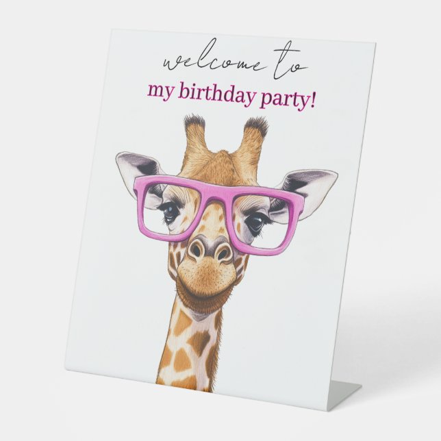  Cute Giraffe with Pink Glasses Pedestal Sign (Front)
